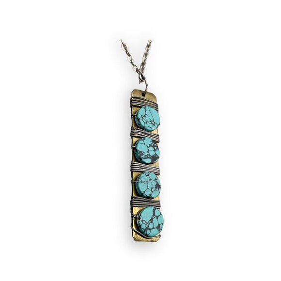 Zad Round Turquoise Wire Wrapped Bar Pendant Chain Necklace Silver Gold Tone - Picture 5 of 5
